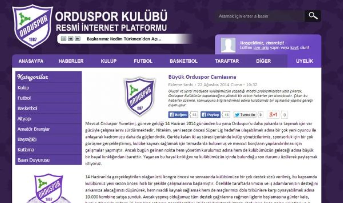 Orduspor\'dan Destek Çağrısı