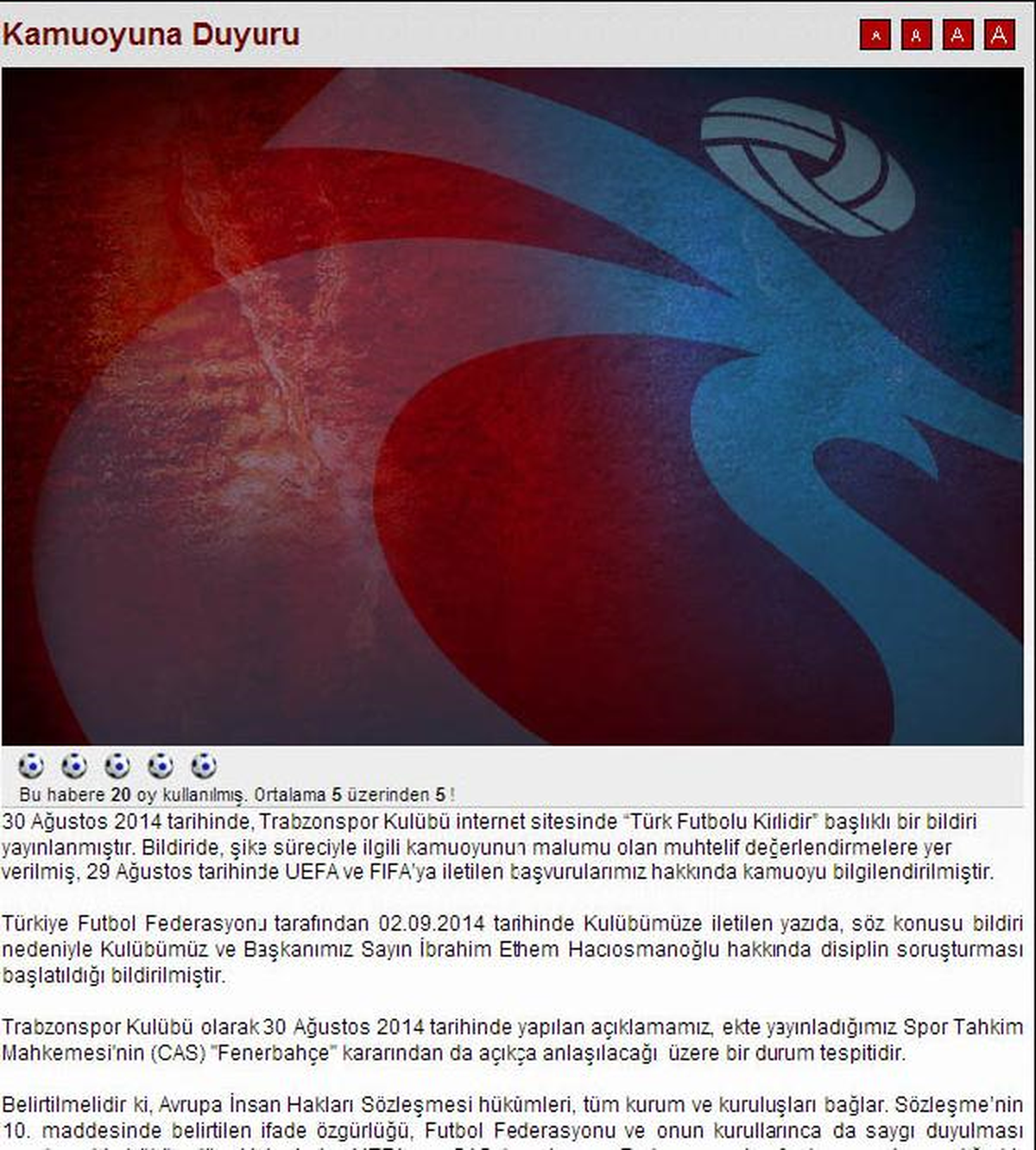Trabzonspor CAS\'ın Fenerbahçe Kararını da Yayınladı
