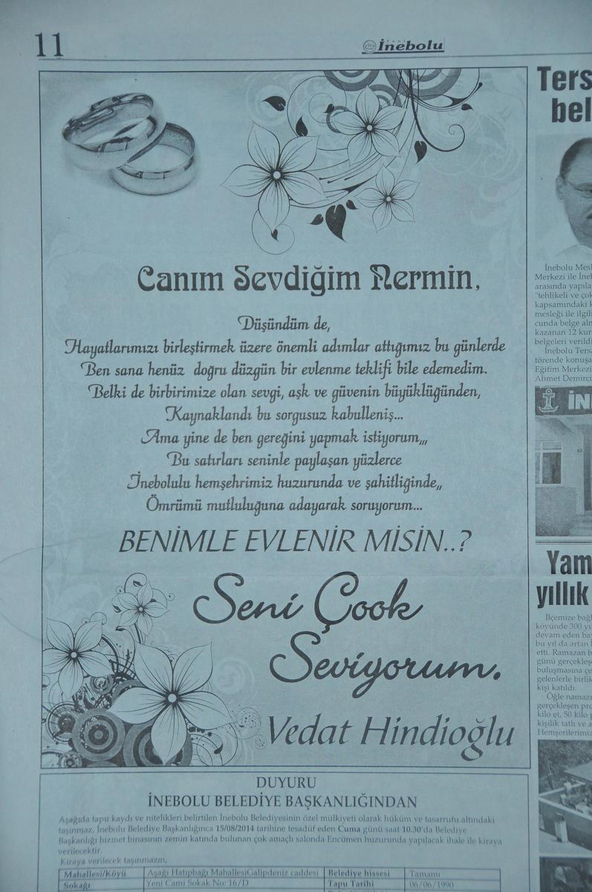 Sinop\'ta Gazete İlanıyla Evlenme Teklifi