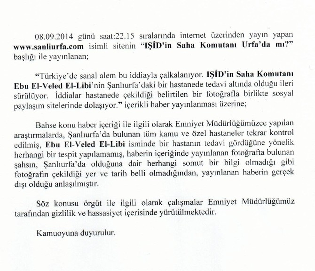 Işid Komutanının Şanlıurfa\'da Tedavi Edildiği İddialarına Yalanlama