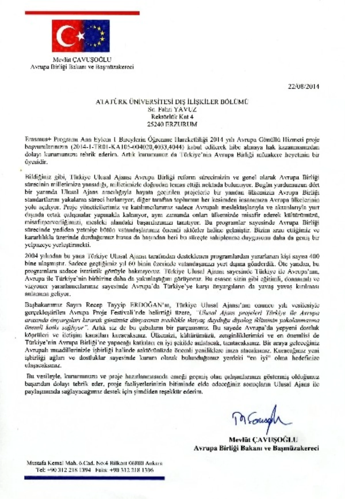 Avrupa Birliği Bakanlığı\'ndan A.ü. Dış İlişkiler Ofisine Tebrik Mektubu