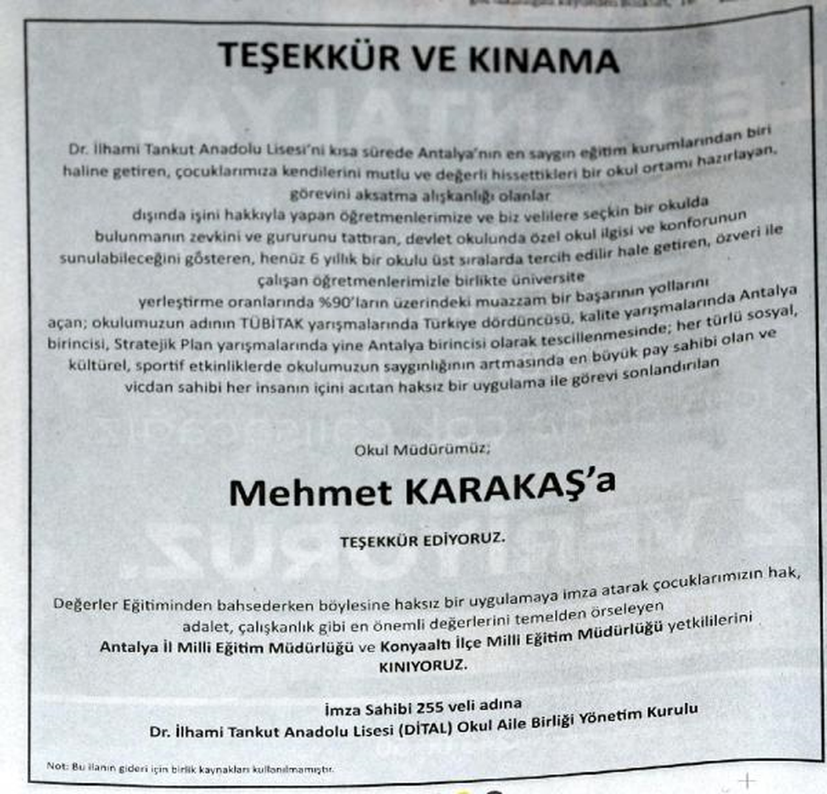 Velilerden Milli Eğitim\'e İlanlı Kınama