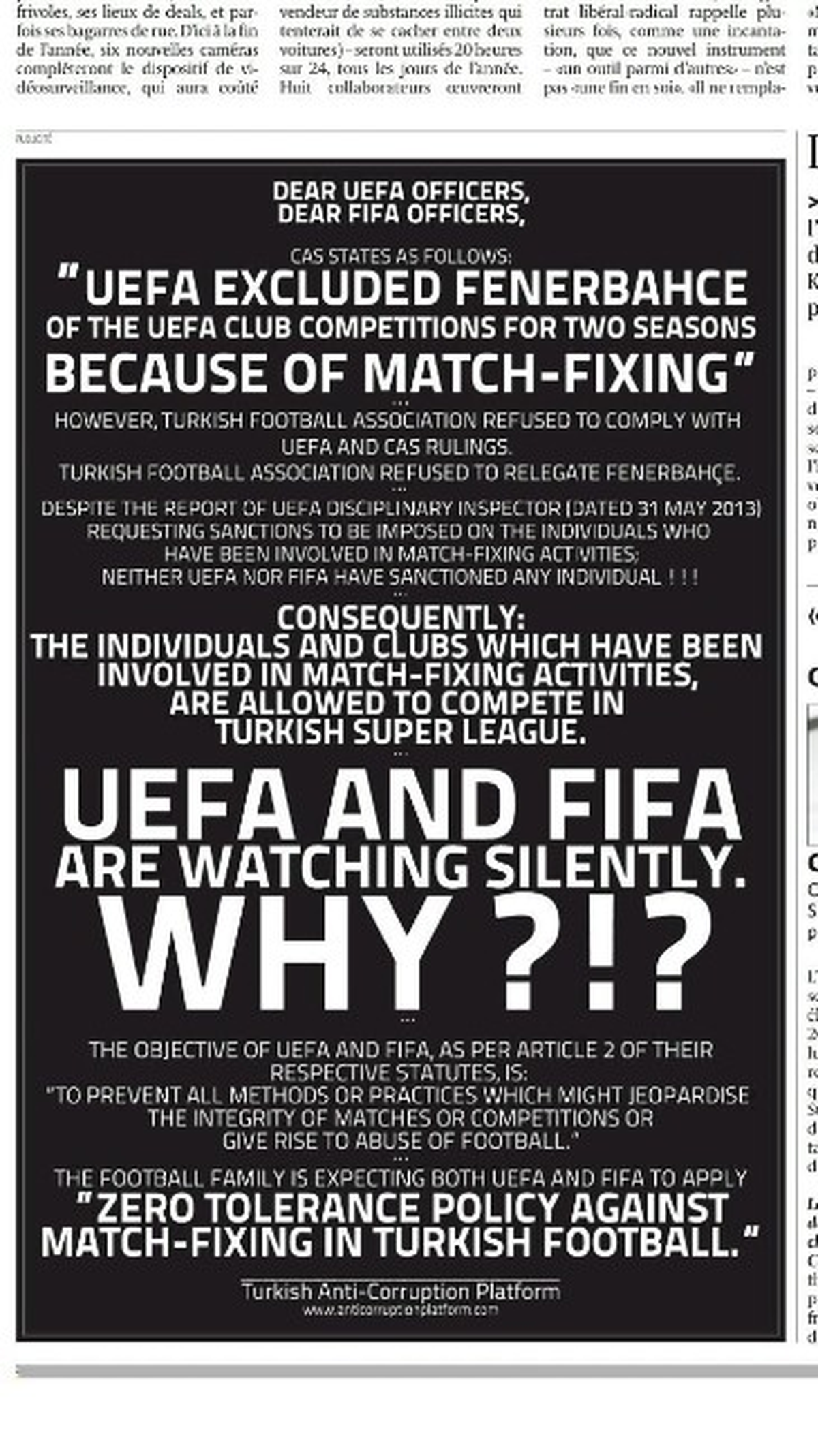 Gazete İlanı ile UEFA ve FIFA\'yı Türkiye\'deki Şike Olayları ile İlgili Göreve Çağırdılar