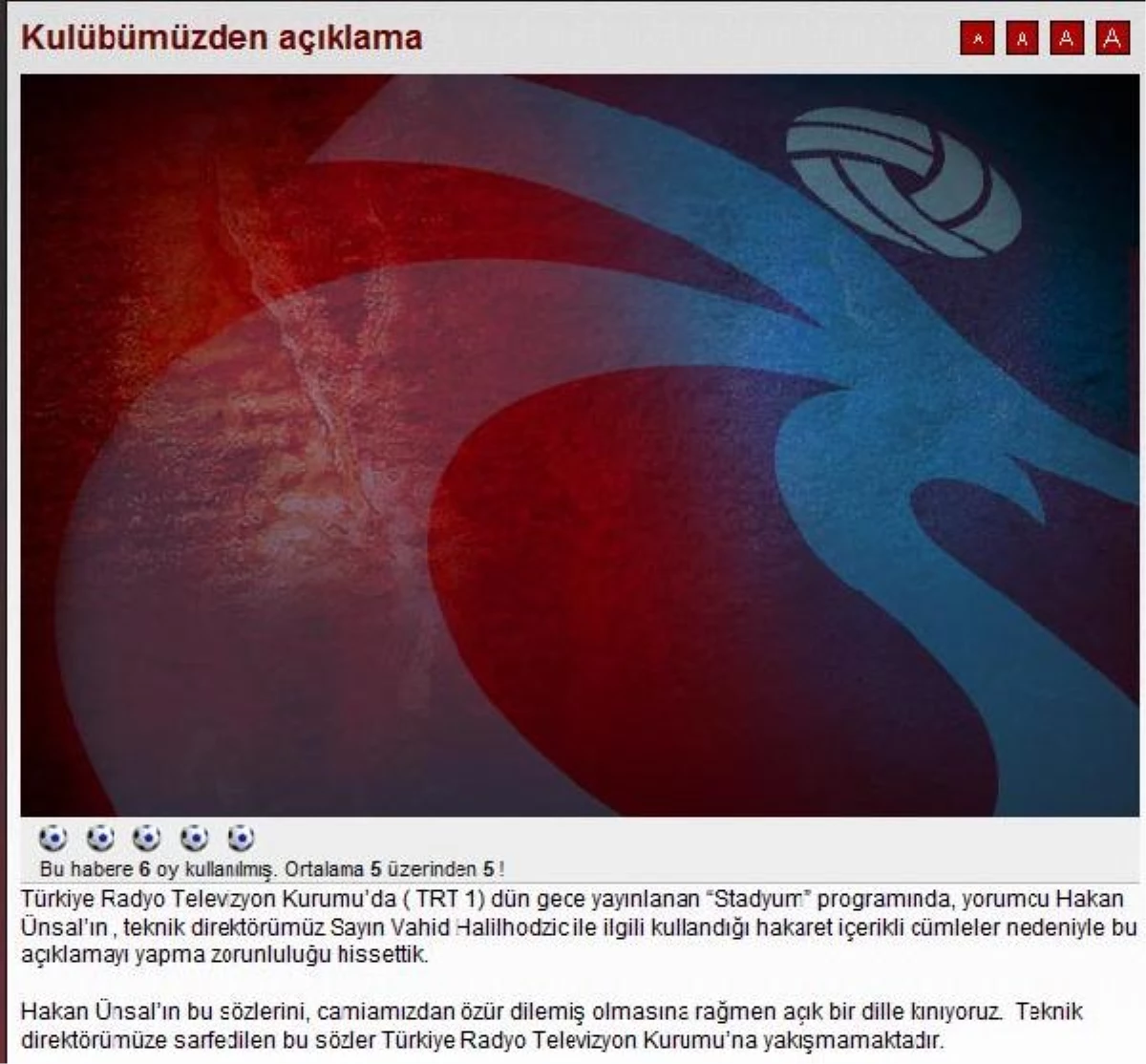 Trabzonspor\'dan Hakan Ünsal ve Trt-1\'e Kınama