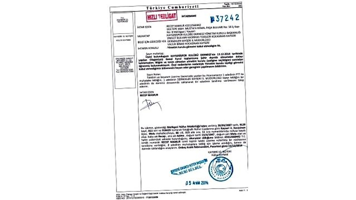 Recep Mamur\'dan Kayserispor\'a Noterli İstifa