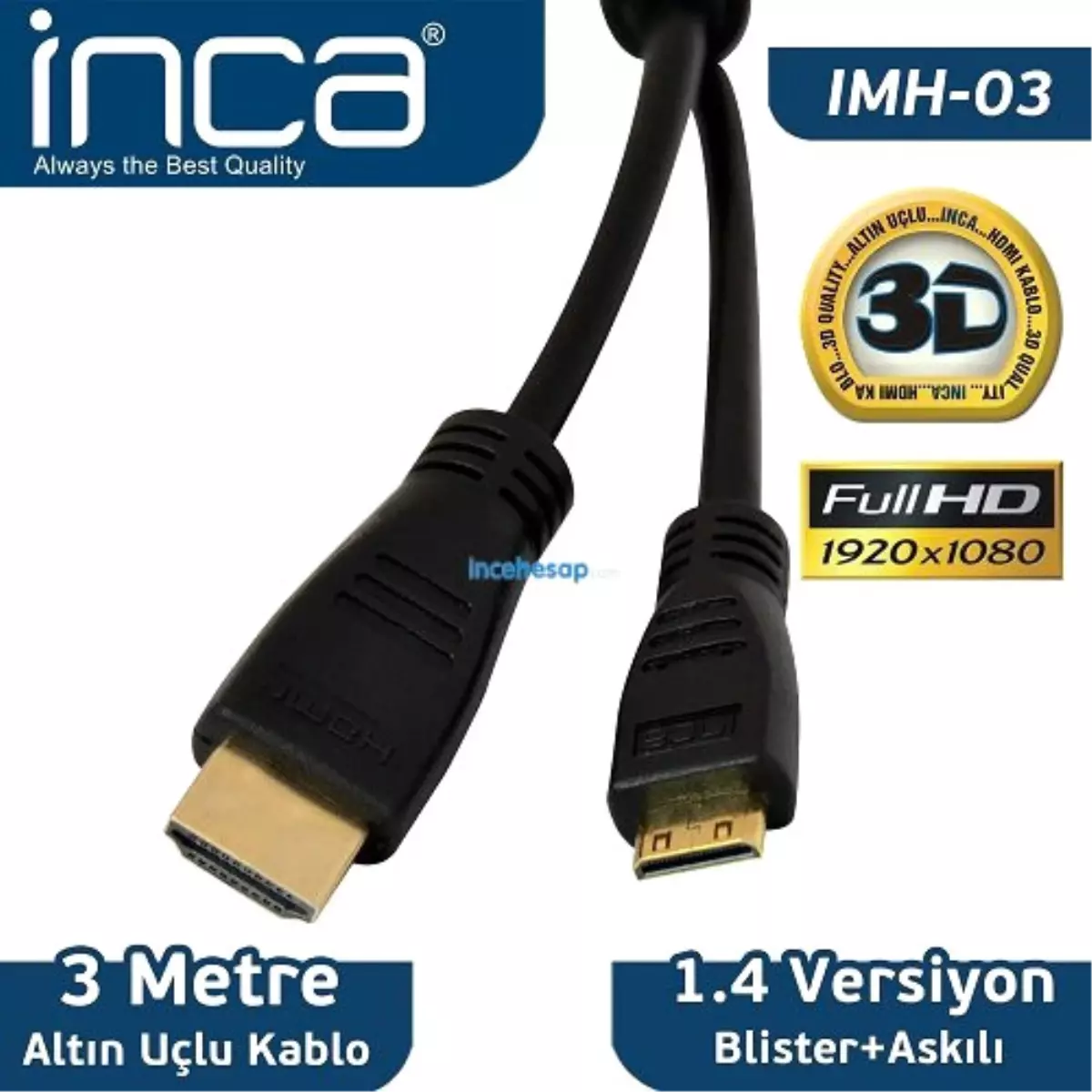 Inca Imh-03 3 Metre Mini Hdmı To Hdmı 3d V1.4 Full Hd Altın Uçlu Kablo