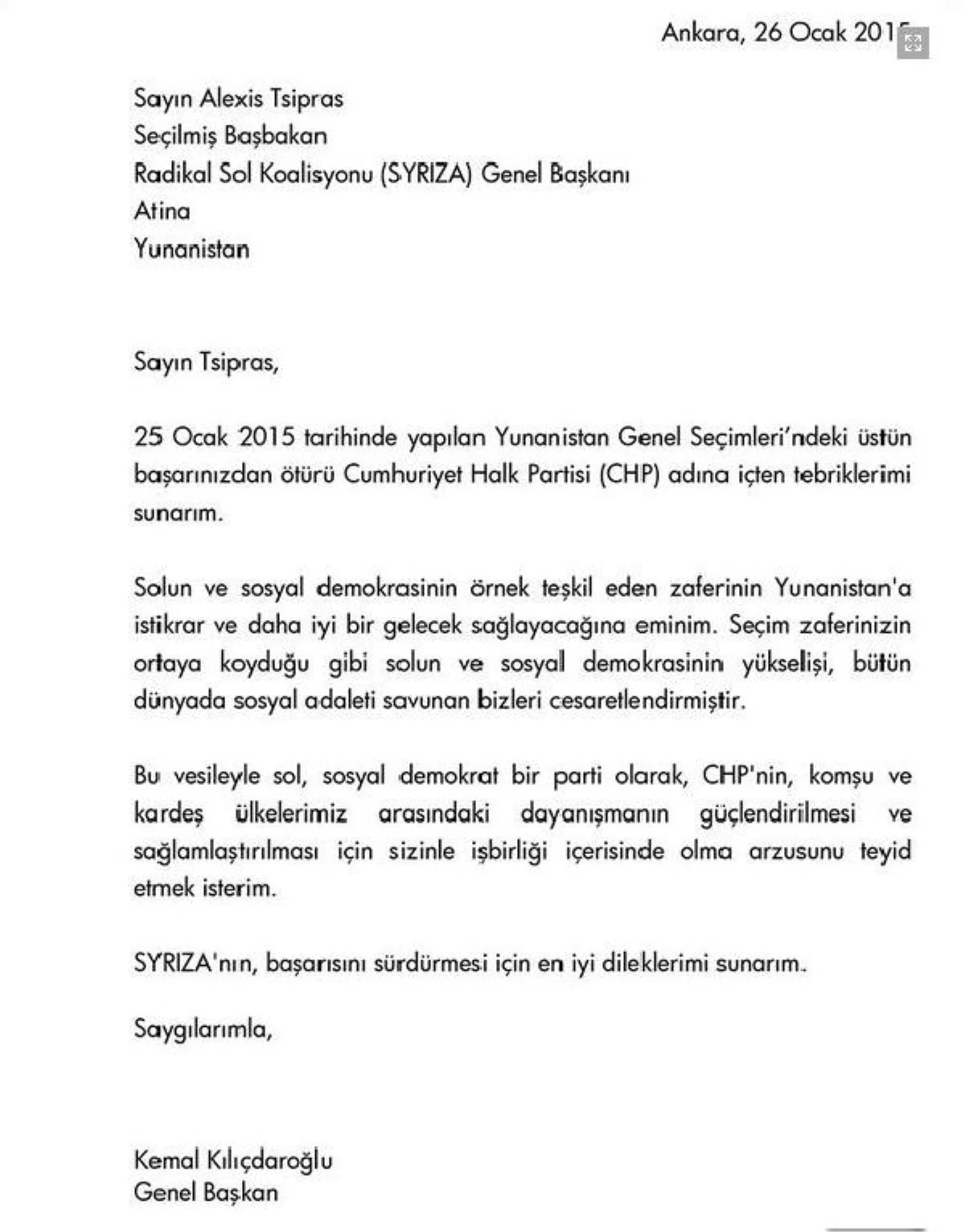 Kılıçdaroğlu, Yunanistan Başbakanı Alexis Tsipras\'ı Mektupla Kutladı