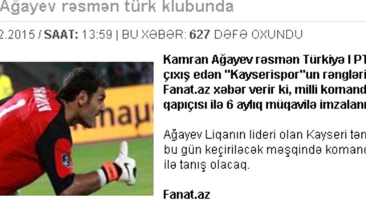 Kaleci Agayev Transferi Azeri Basınında Geniş Yer Buldu