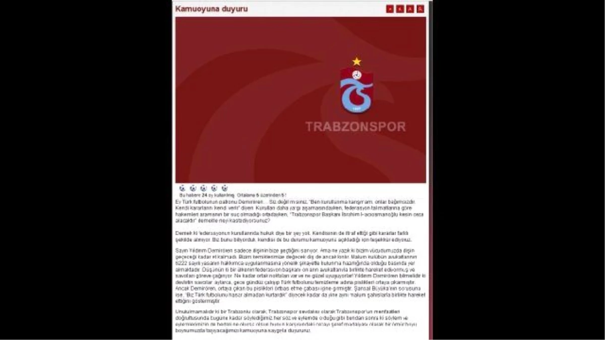 Trabzonspor\'dan Çok Sert Açıklama: Cezayı, Şeref Madalyası Gibi Boynumuzda Taşıyacağız