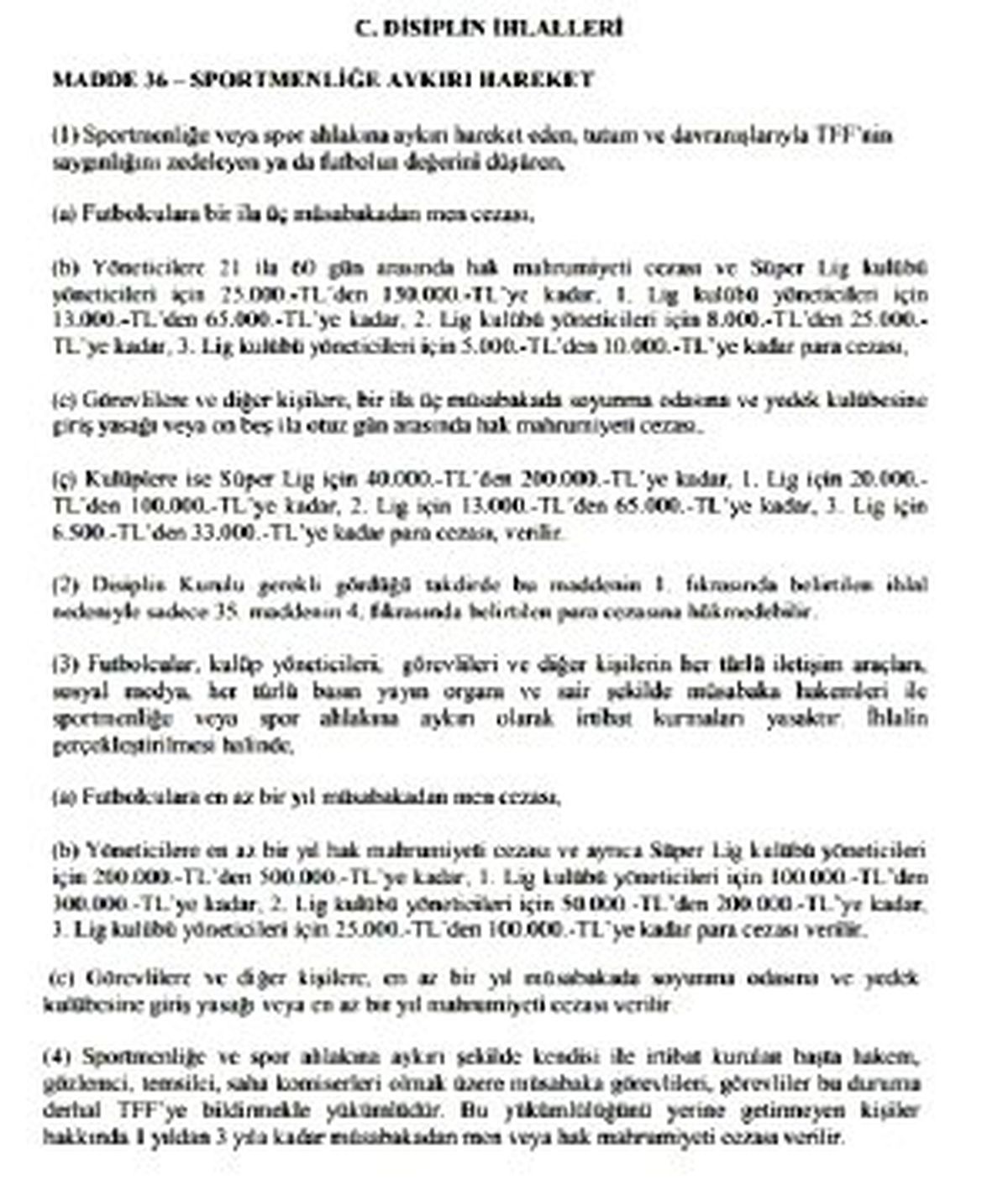 Futbol Disiplin Talimatı'nda Değişiklik