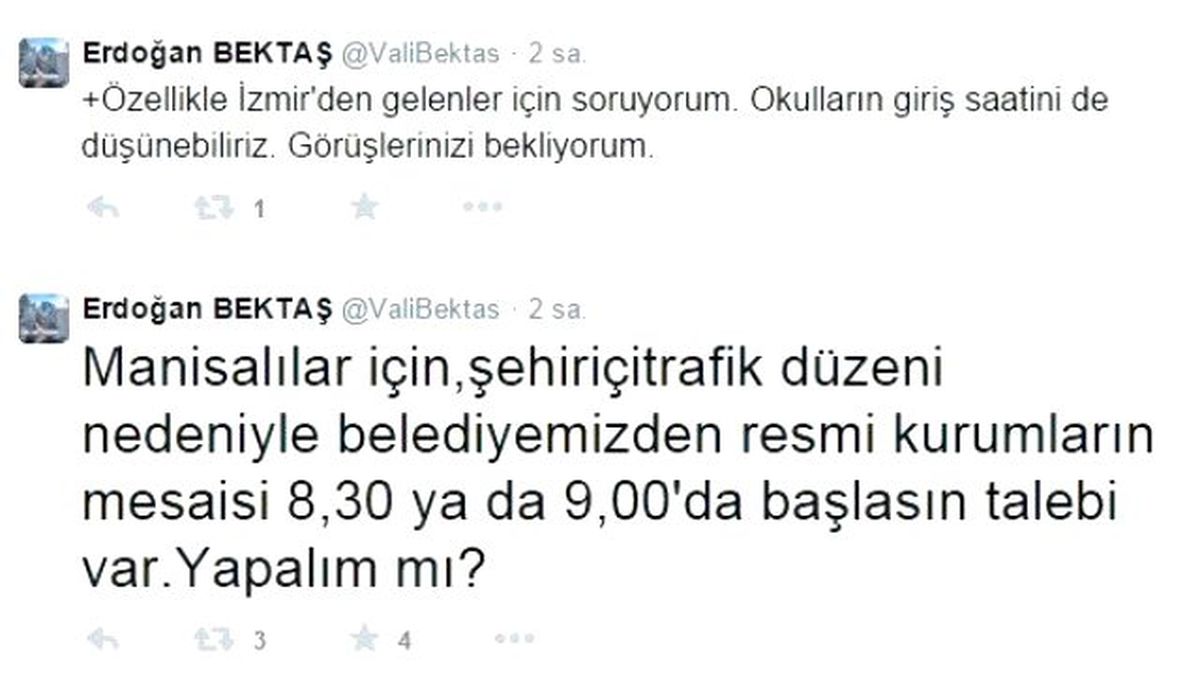 Manisa Valisi Mesai Saati Değişim Talebini Twitter\'dan Tartışmaya Açtı
