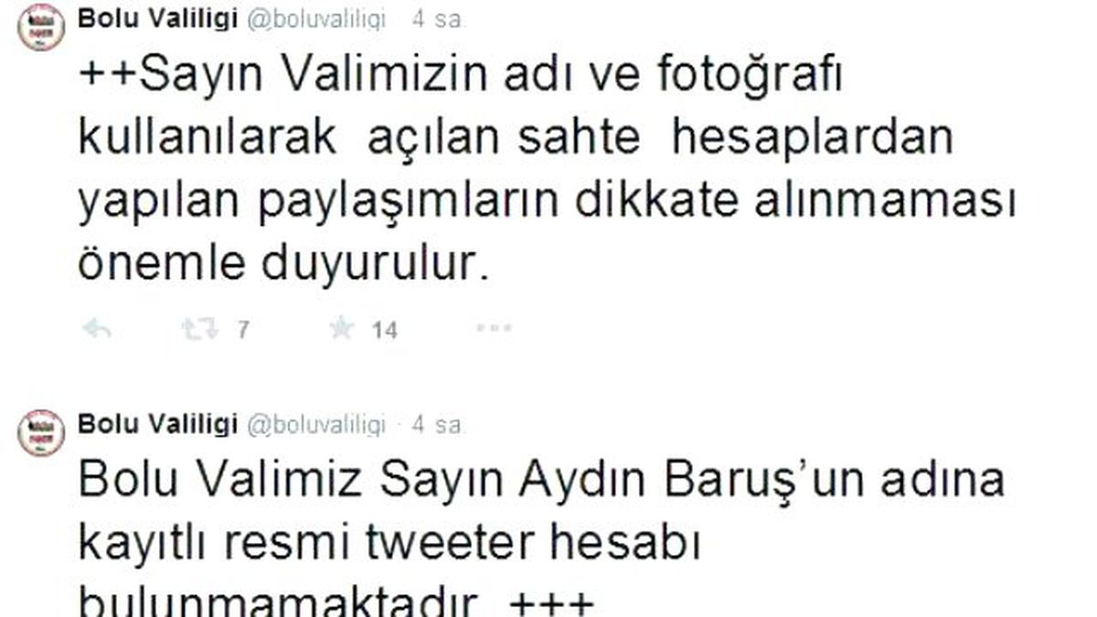 Bolu Valiliğinden Twitter Açıklaması
