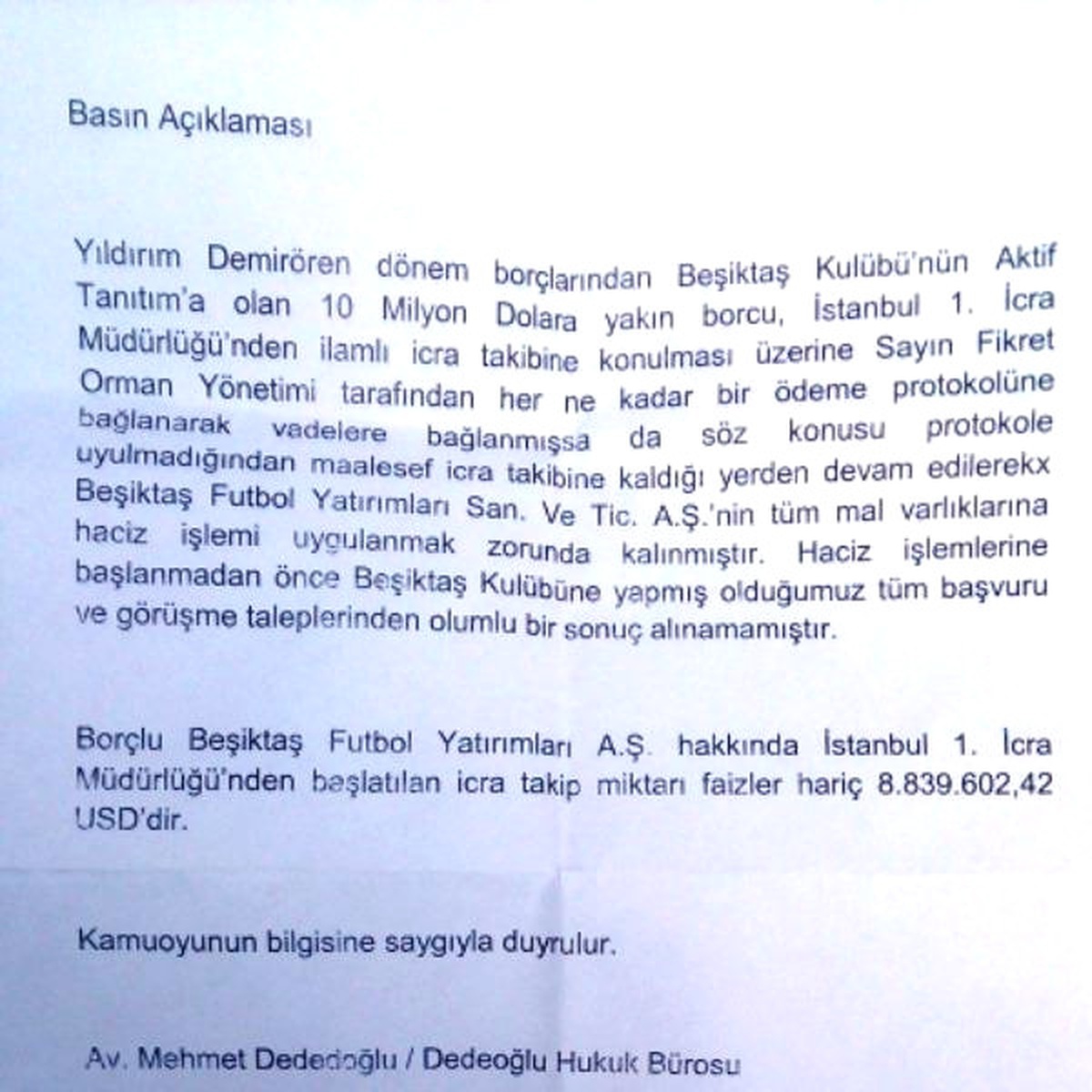 Bir Reklam Şirketi Beşiktaş Kulübü\'nden Alacakları İçin İcra Takibi Başlattı