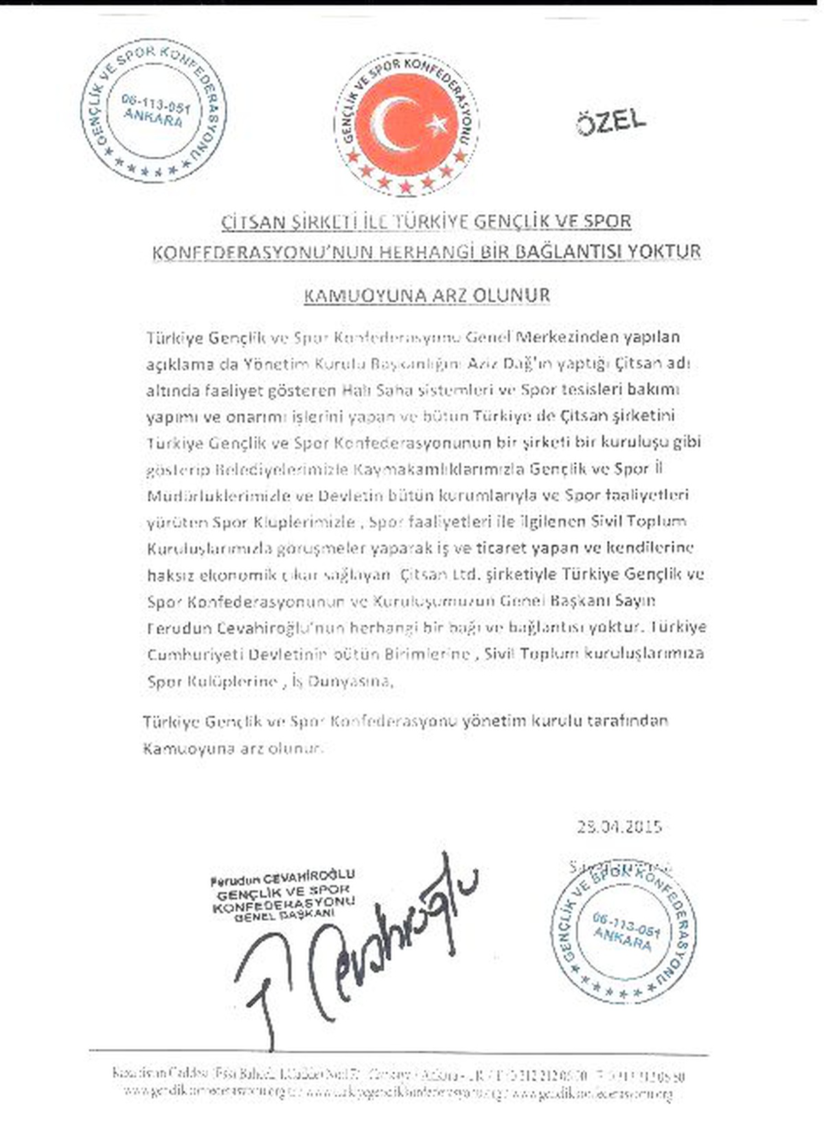 Türkiye Gençlik ve Spor Konfederasyonu\'ndan Açıklama