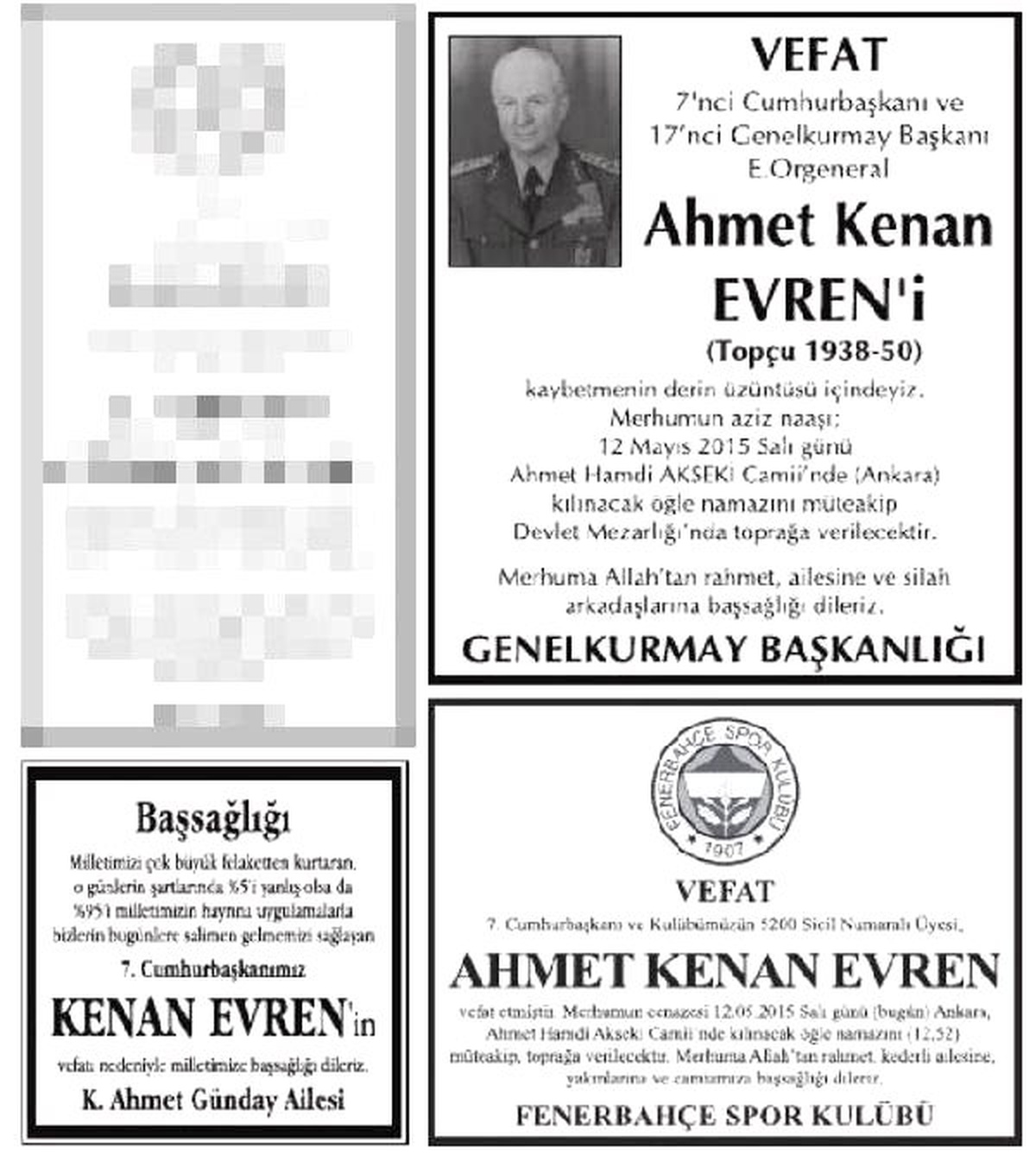 Kenan Evren İçin Başsağlığı İlanları