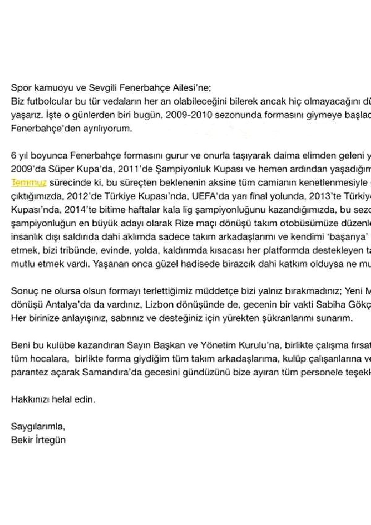 Bekir, Fenerbahçe\'ye Veda Etti