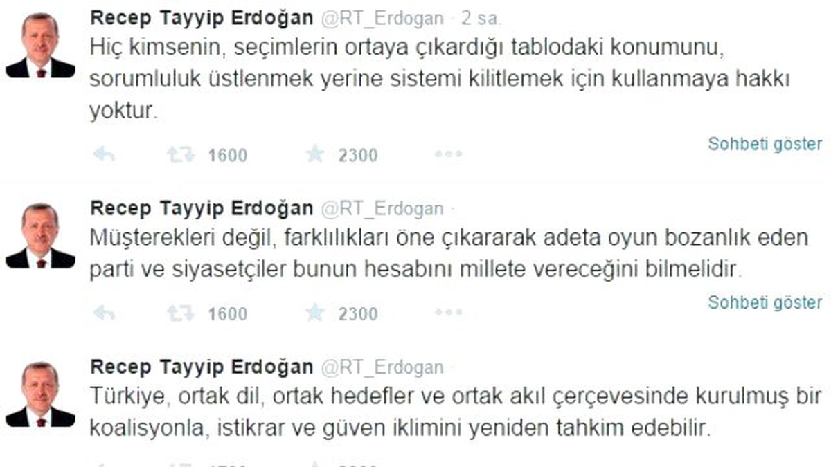 Cumhurbaşkanı Erdoğan\'dan Koalisyon Tweet\'leri