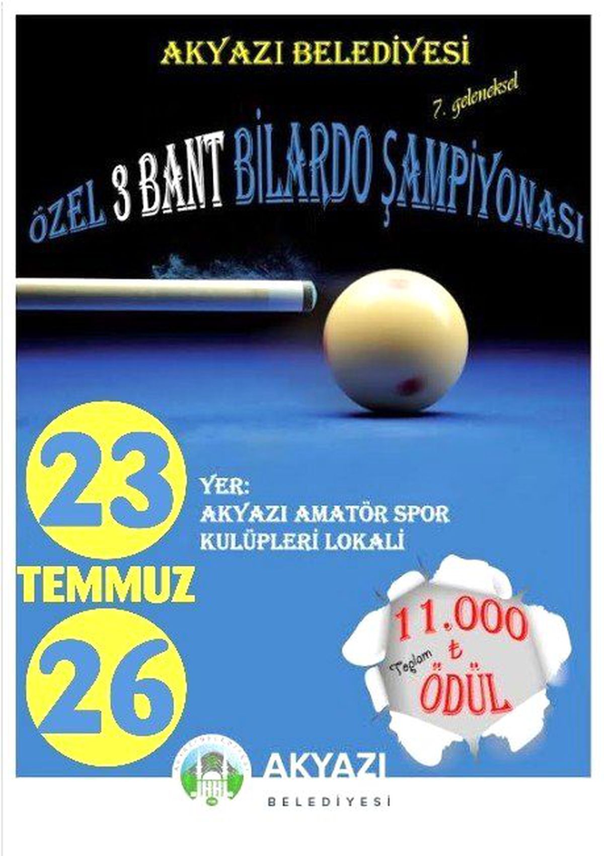 Akyazı\'da Ödüllü 3 Bant Bilardo Turnuvası