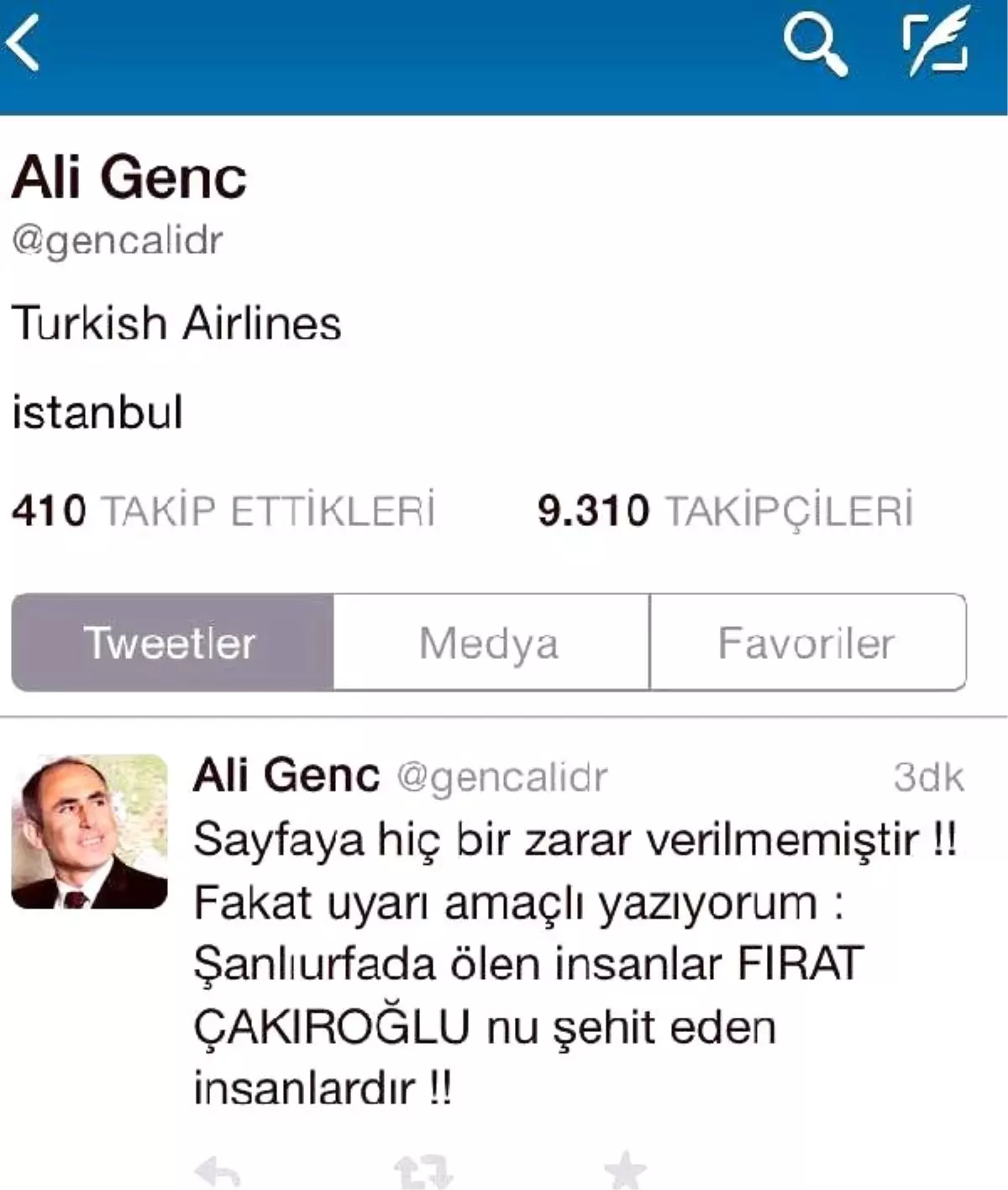 THY Basın Müşavirinin Twitter Hesabı, Urfa Saldırısı Sonrası Hacklendi