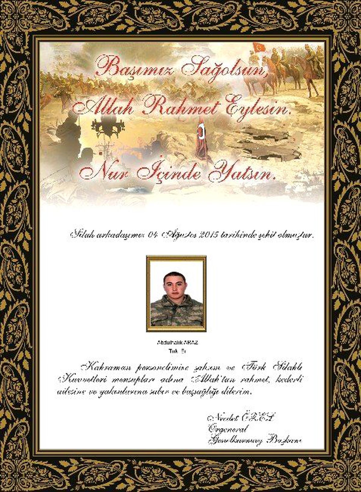 Genelkurmay Başkanı Orgeneral Özel\'den Şehit Er İçin Taziye Mesajı