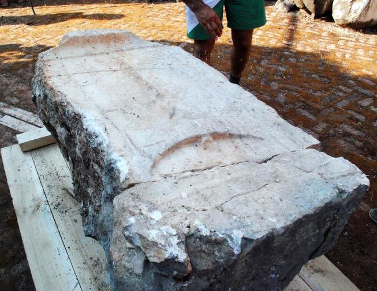 Stone With Zeus\' Double-headed Axe Symbol Carried By Helicopter For Restoration İn Antalya