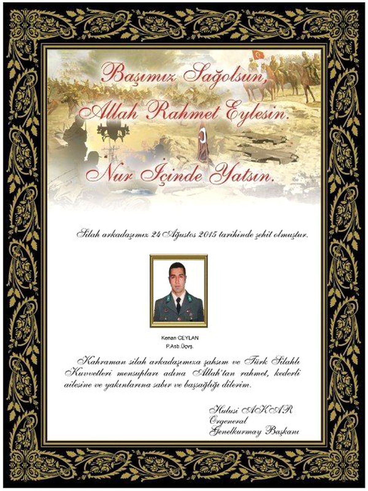 Genelkurmay Başkanı Orgeneral Akar\'dan Şehitler İçin Taziye Mesajı