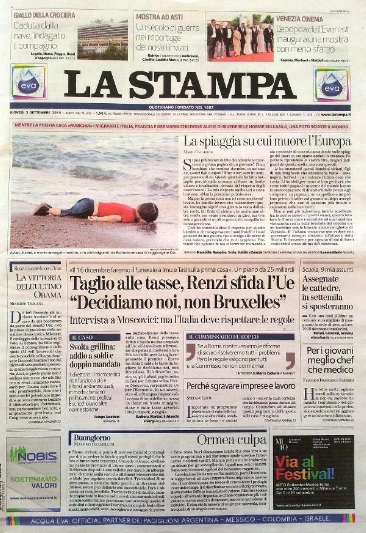 İtalyan Basınından Avrupa\'ya, Suriyeli Aylan Üzerinden Eleştiri: "Avrupa\'nın Öldüğü Kumsal"