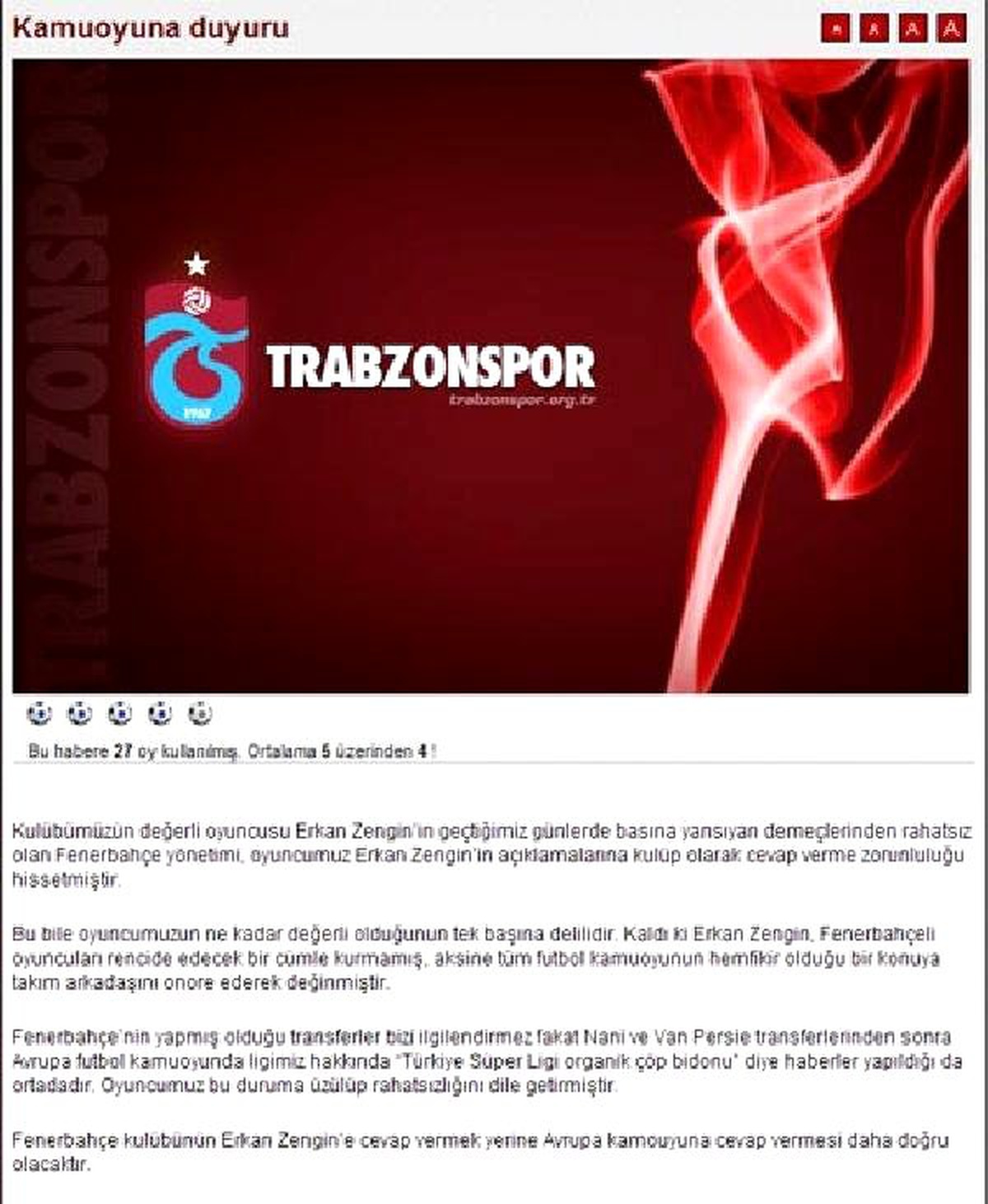 Trabzonspor\'dan Fenerbahçe\'ye Erkan Zengin Cevabı