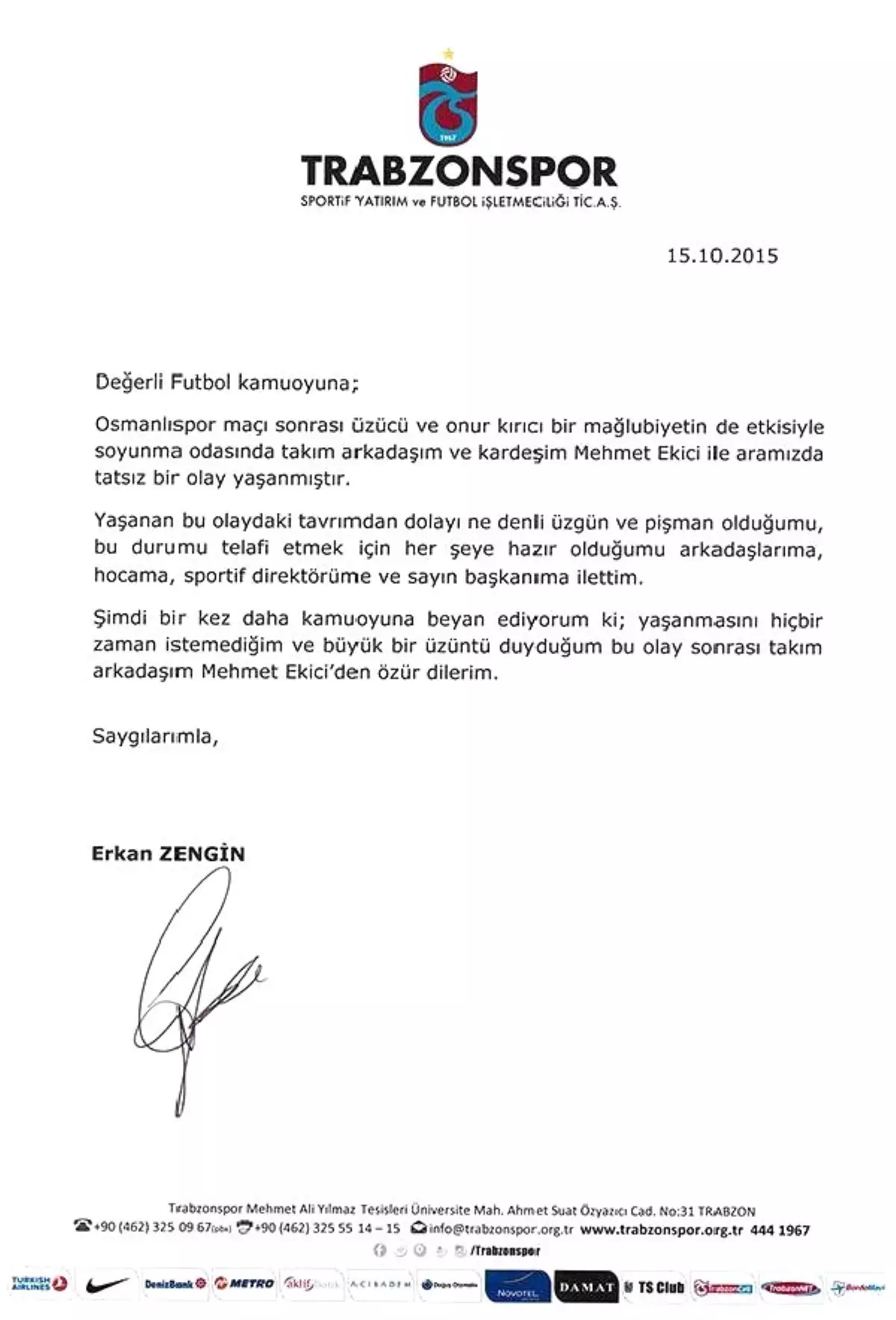 Trabzonspor\'da Erkan Zengin, Mehmet Ekici\'den Özür Diledi