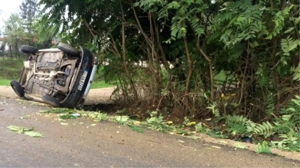 Yoldan Çıkan Araç Yan Yattı
