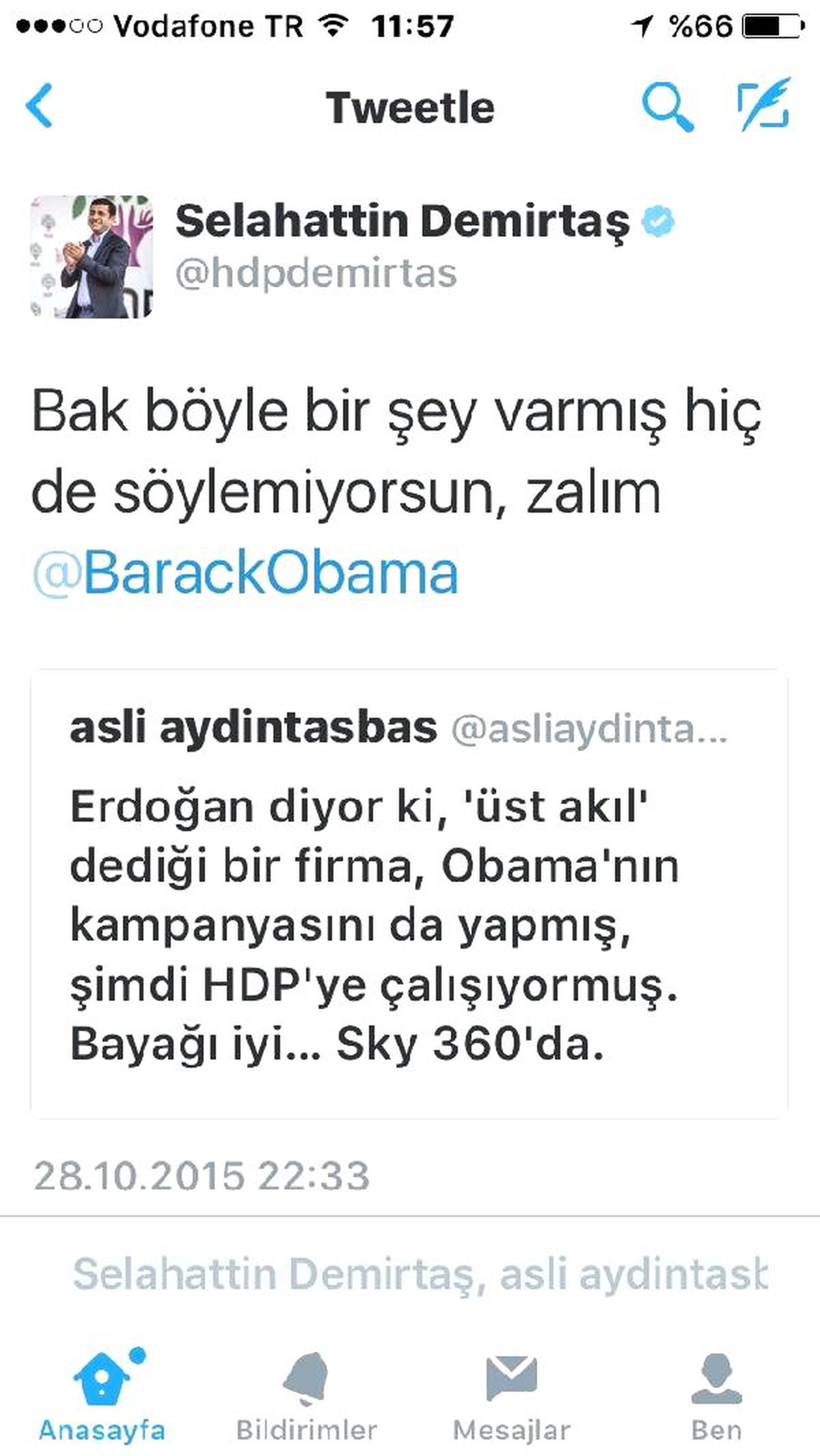 Demirtaş\'tan Obama\'ya Tweet : Bak Böyle Bir Şey Varmış Hiç de Söylemiyorsun Zalım