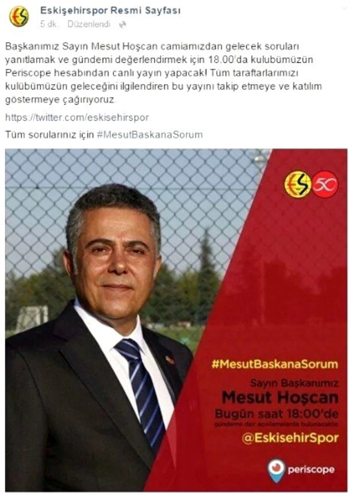 İstifaya Çağrılan Başkan Hoşcan, Canlı Yayında Taraftar ile Buluşacak