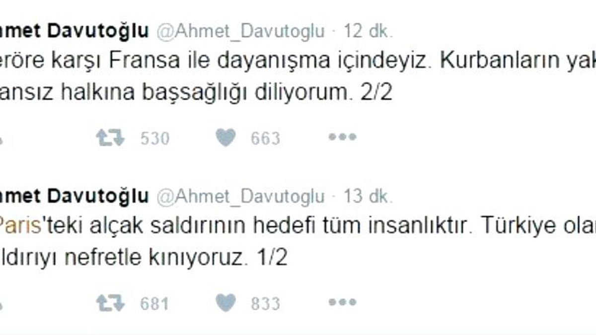 Başbakan Ahmet Davutoğlu Paristeki Saldırıyı Kınadı