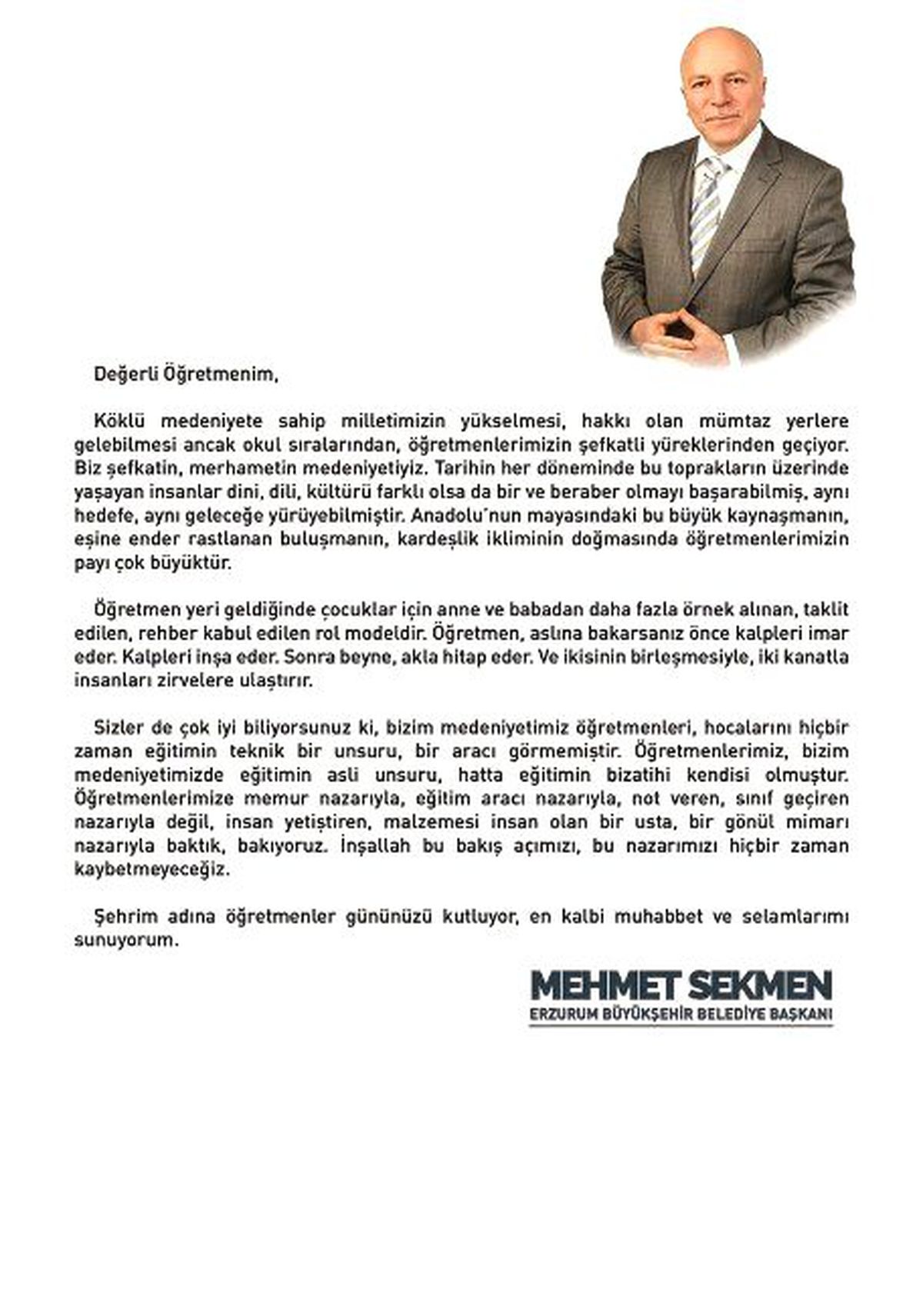 Başkan Sekmen\'den Öğretmenlere Mektup