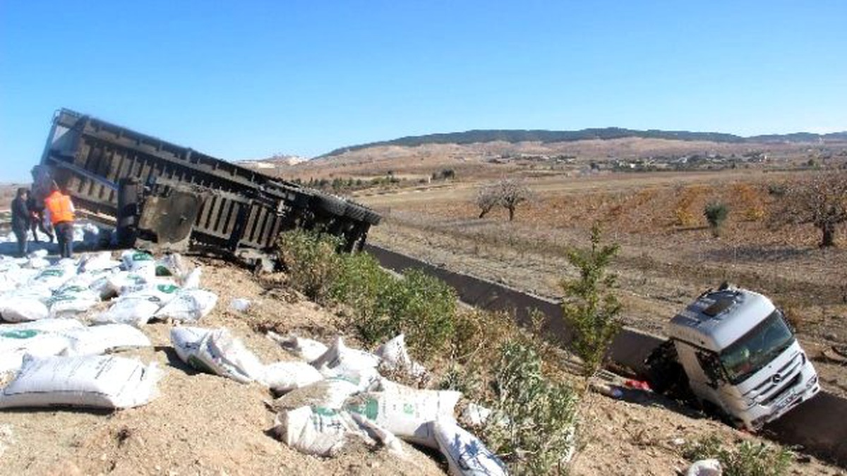 Gübre Yüklü Kamyon Şarampole Uçtu: 2 Yaralı