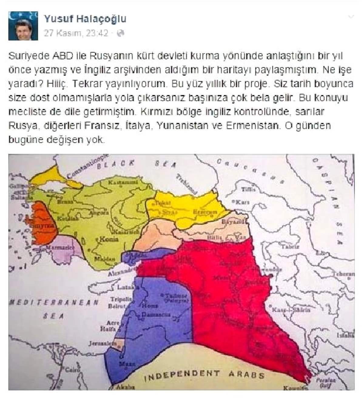 MHP\'li Halaçoğlu, Suriye Kürt Devleti Haritası Paylaştı