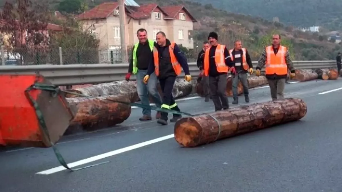 Tem\'de Devrilen Tomruk Yüklü Tır Trafiği Felç Etti