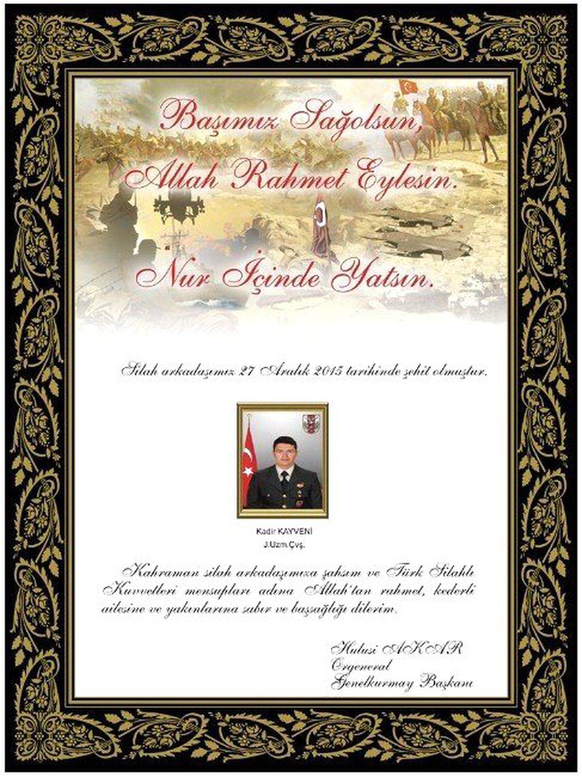 Genelkurmay Başkanı Orgeneral Akar\'dan Şehitler İçin Taziye Mesajı
