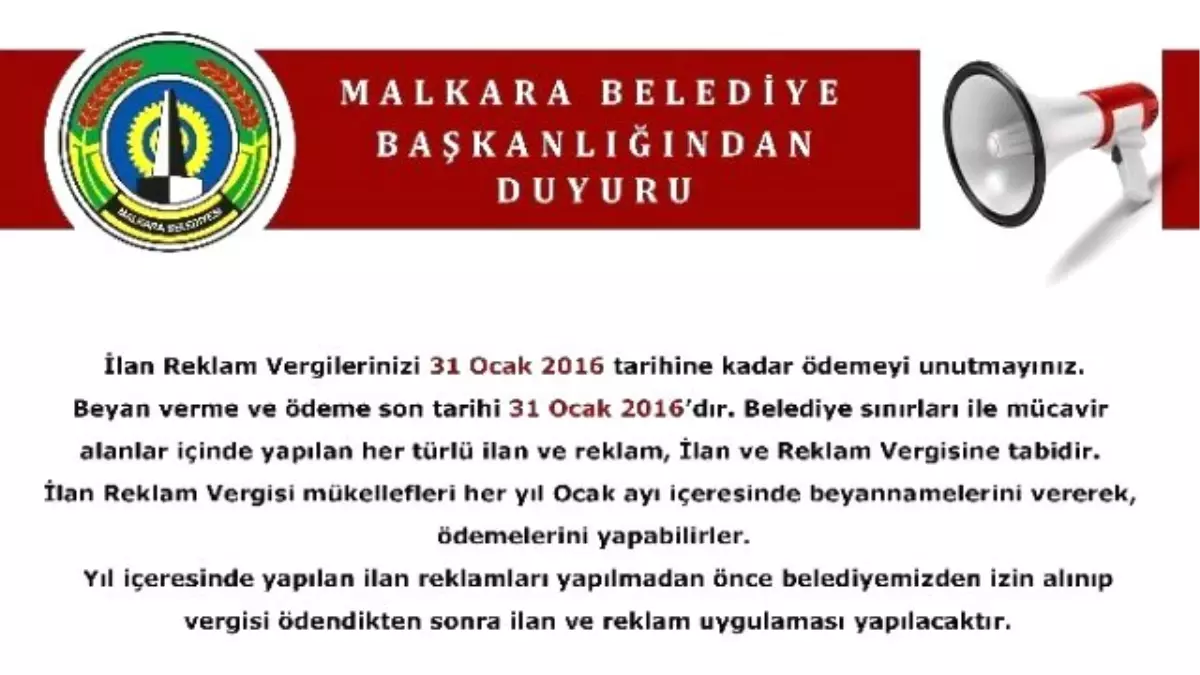 İlan Reklam Vergilerinizi 31 Ocak 2016\'ya Kadar Ödemeyi Unutmayın Uyarısı