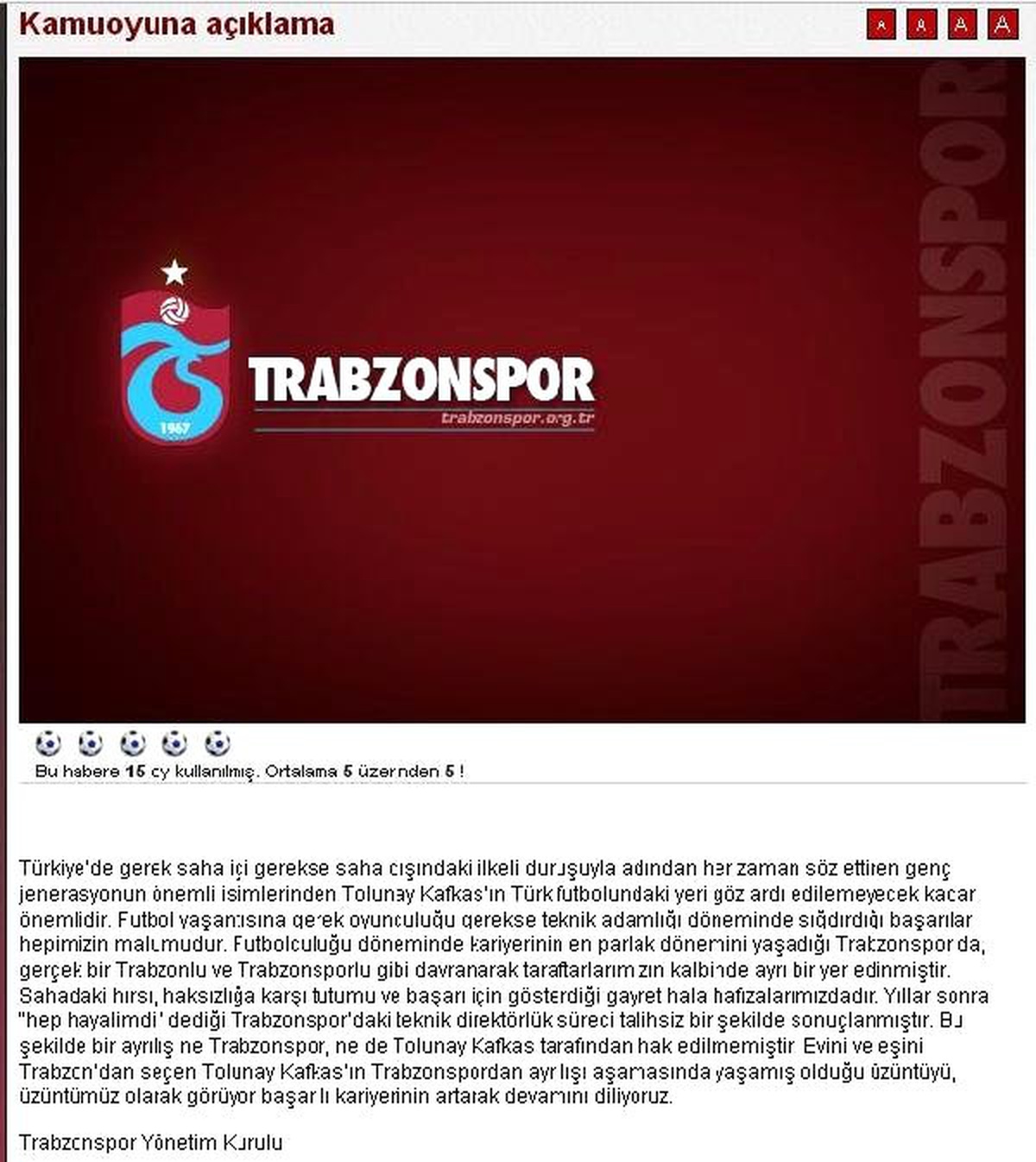 Trabzonspor\'dan Tolunay Kafkas Açıklaması