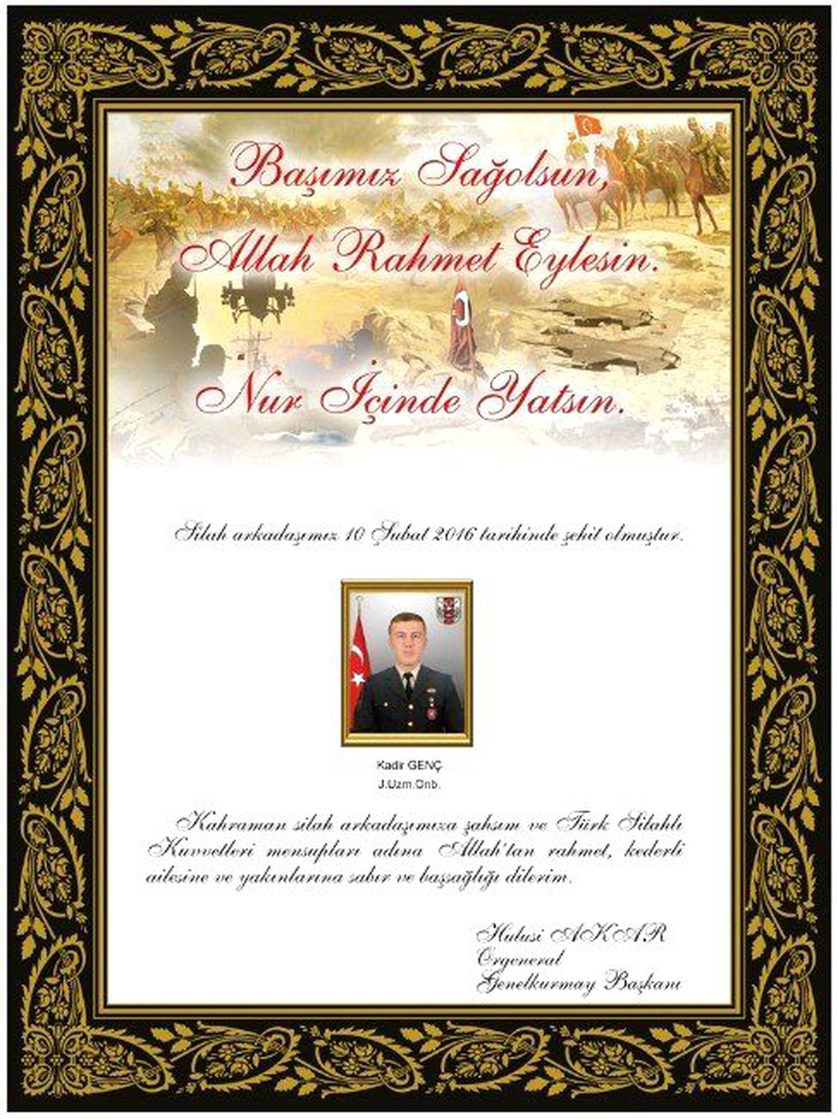 Orgeneral Akar\'dan \'Sur Şehitleri\' İçin Taziye Mesajı