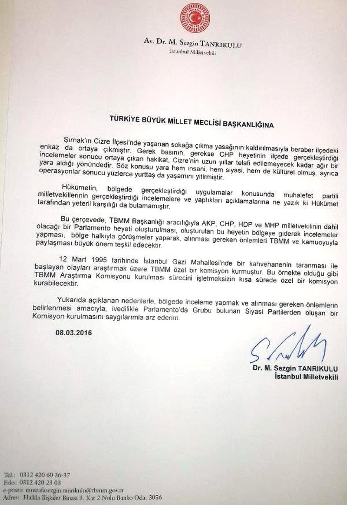 CHP\'li Tanrıkulu, Cizre Olaylarını Araştırma Komisyonu İstedi