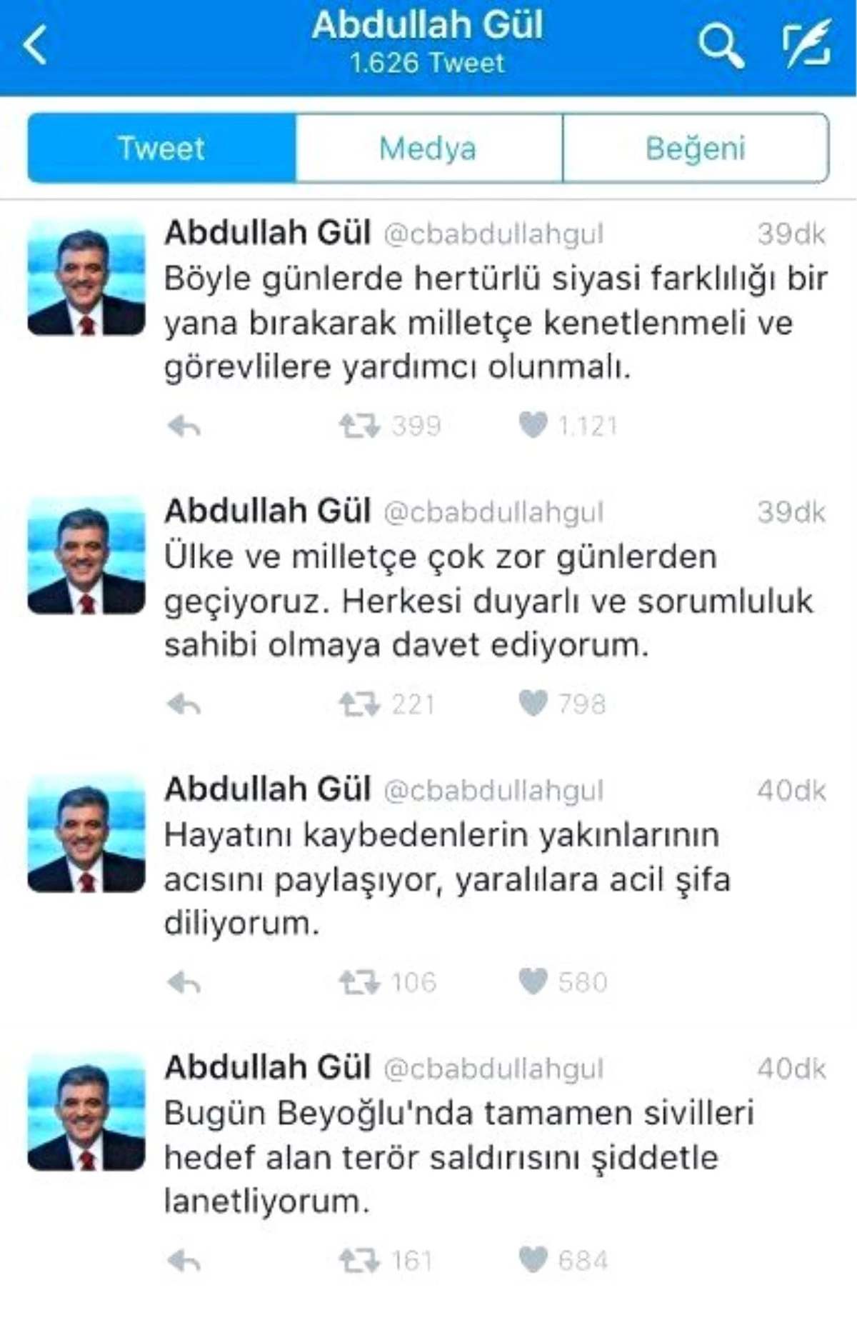 Abdullah Gül, İstiklal\'deki Terör Saldırısını Lanetledi