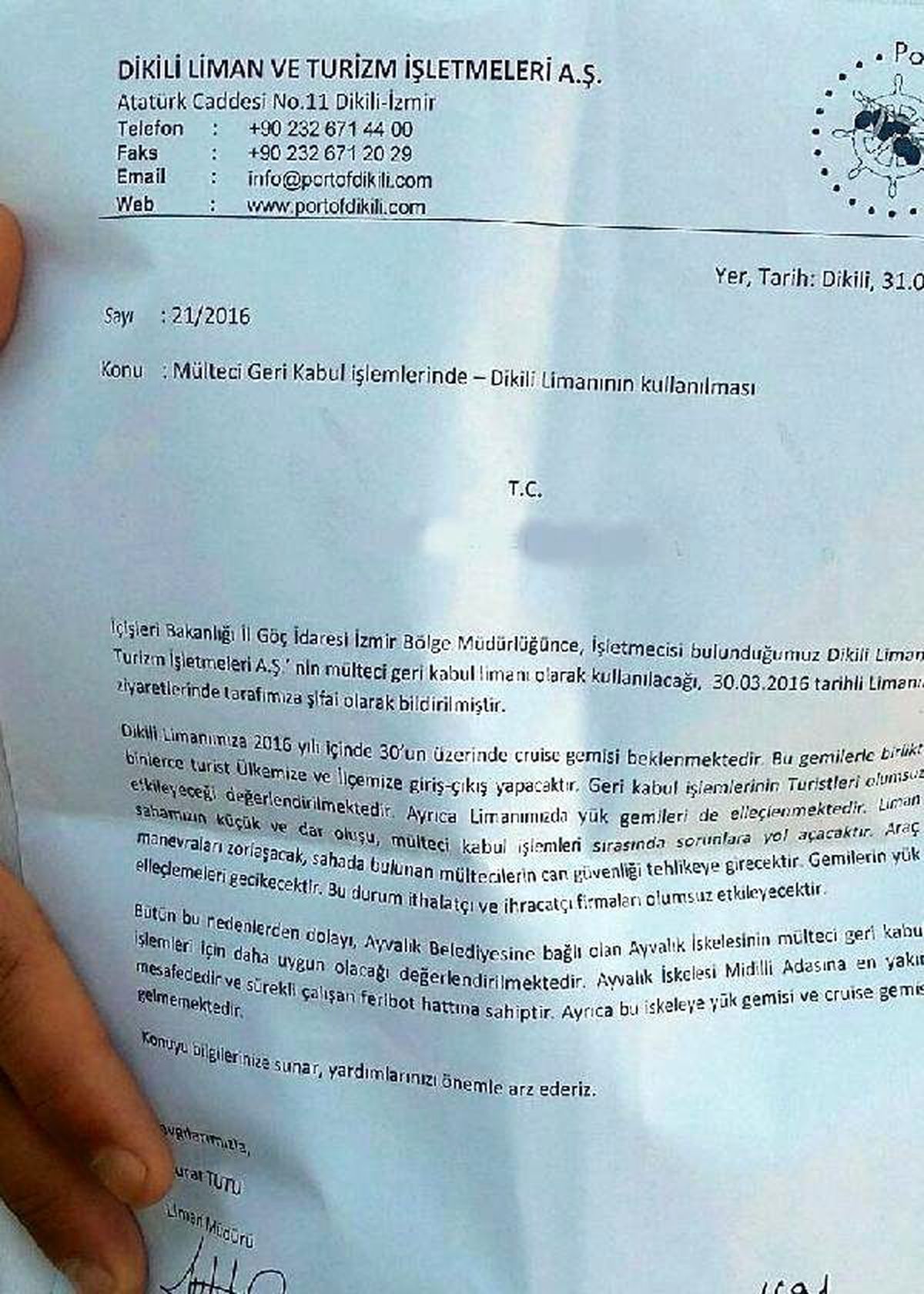 Dikili Limanı İşletmesi de Mülteci Geri Dönüşüne İtiraz Etmiş