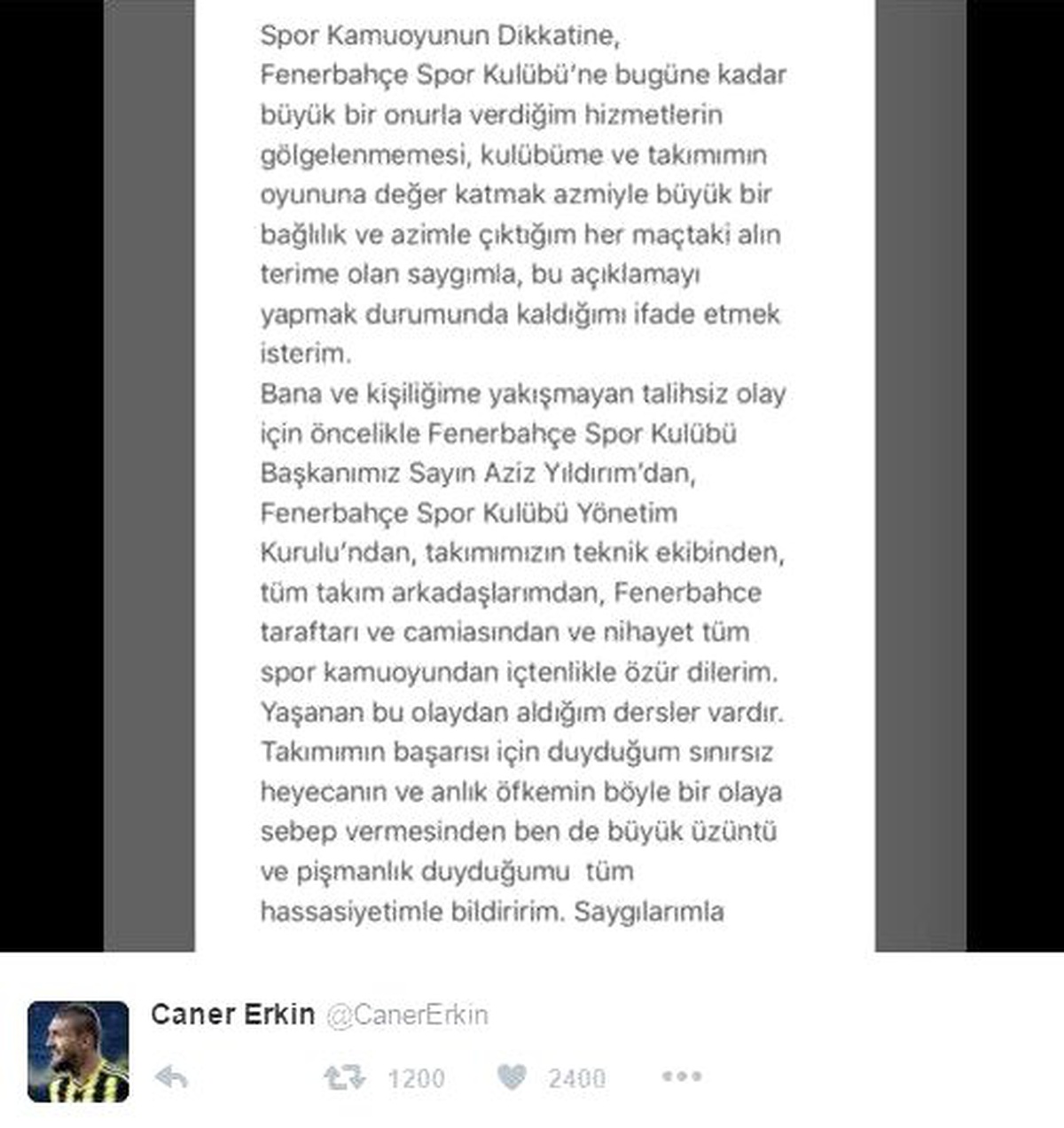 Caner Erkin: "Büyük Üzüntü ve Pişmanlık Duyuyorum"