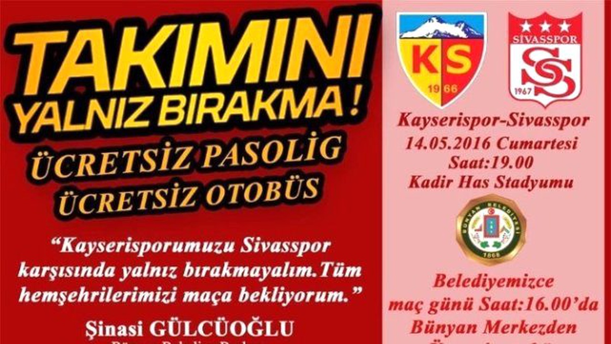 Bünyan Belediyesi Kayserispor-sivasspor Maçı İçin Ücretsiz Otobüs Kaldıracak