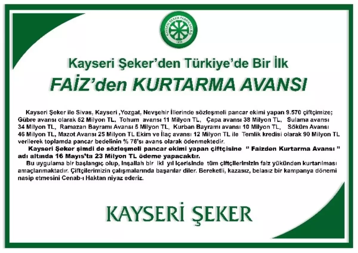 Kayseri Şeker\'den Türkiye\'de Bir İlk; \'Faiz\'den Kurtarma Avansı\'