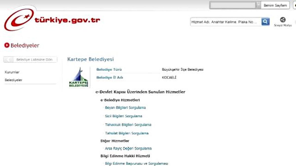 Kartepe Belediyesi E-devlet Uygulamasında