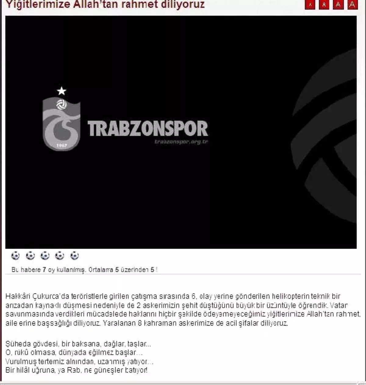 Trabzonspor, Şehitler İçin Mesaj Yayınladı