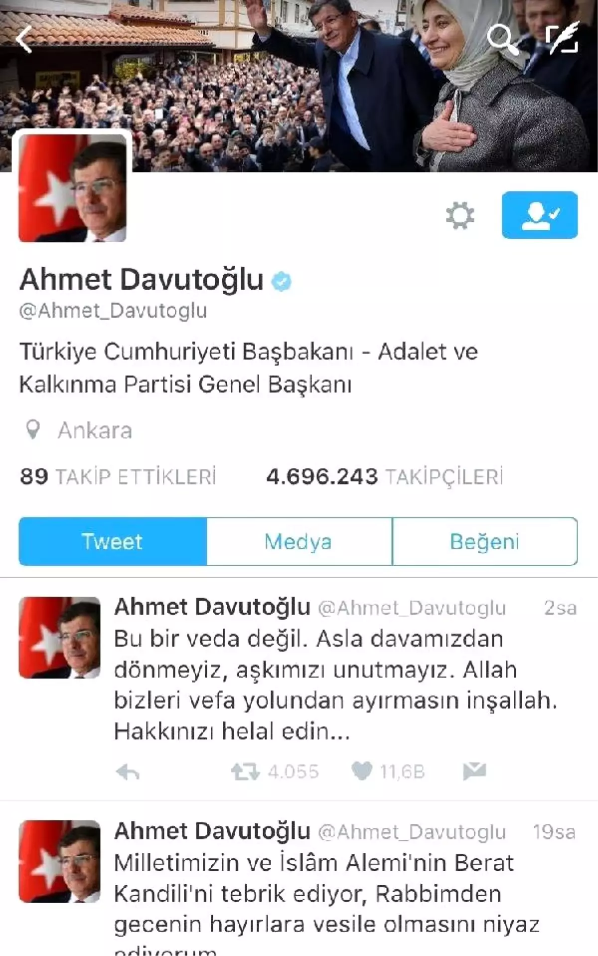 Davutoğlu, İstifa Sonrası Twitter\'dan \'Başbakan\' ve \'Genel Başkan\' Ünvanlarını Kaldırdı